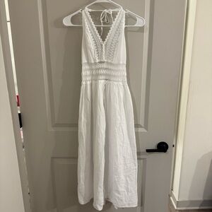 White Lace-Trim Maxi Dress with Tie-Back
